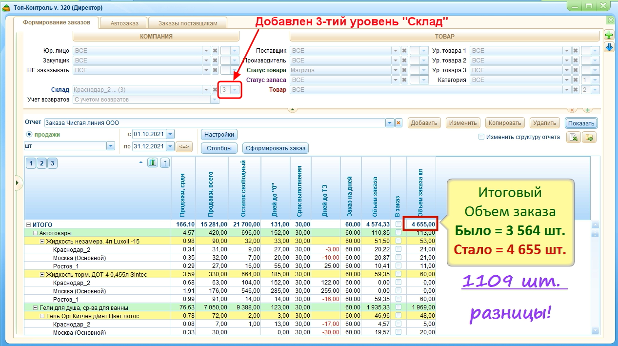 Расчет Заказа поставщику с 3-тьим уровнем “Склад”