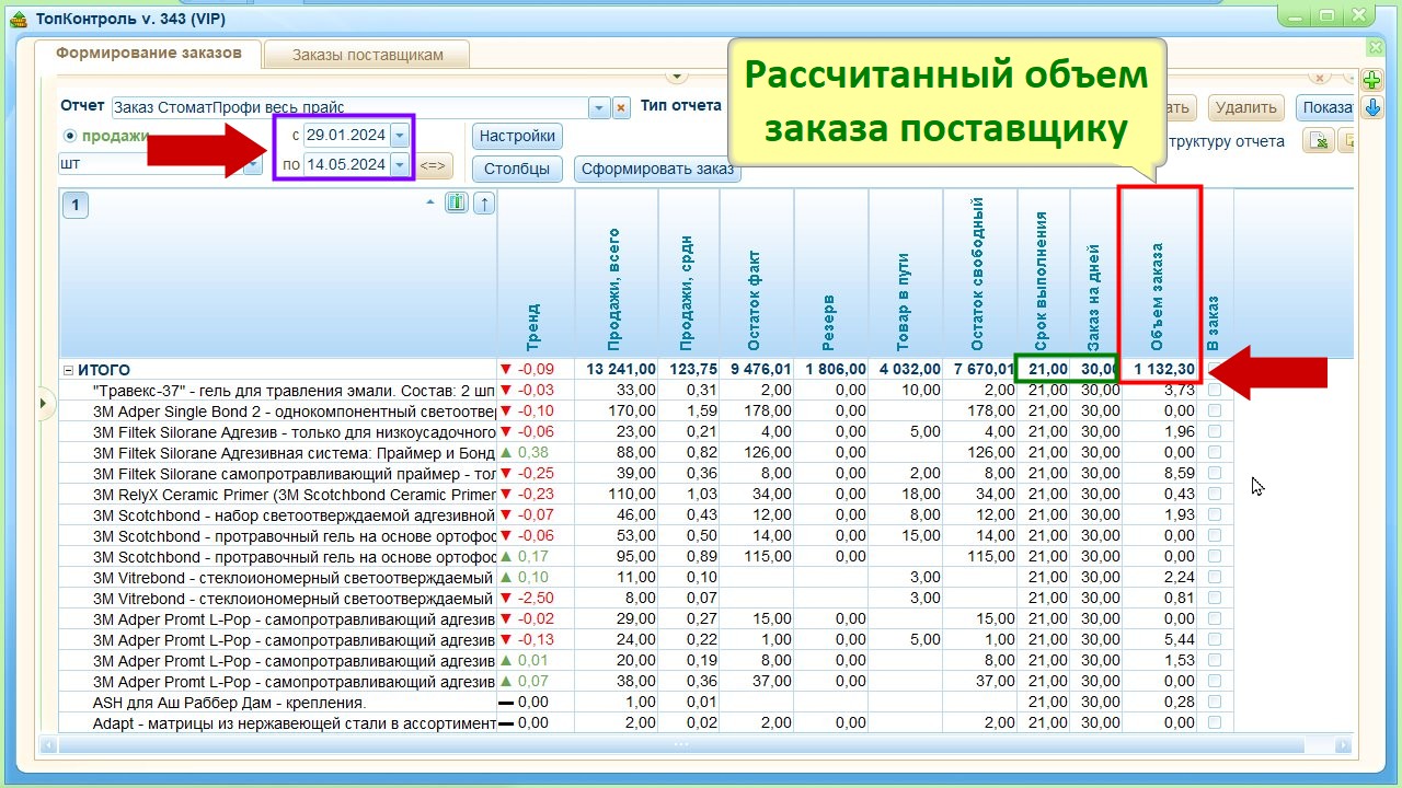 Заказ поставщику рассчитанный стандартный методом